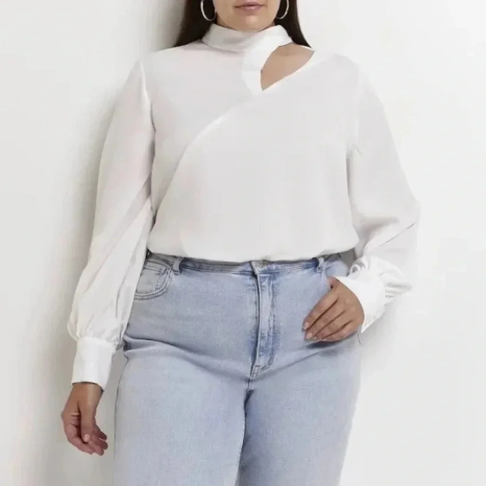 River Island White Long Sleeve Cutout Top Mock Neck Size 14